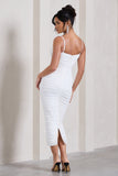 Inviting White Ruched Corset Midi Dress