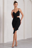 She's Here Black Strappy Mini Dress With Flower & Drape