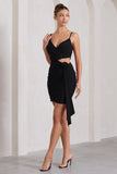 She's Here Black Strappy Mini Dress With Flower & Drape