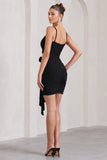 She's Here Black Strappy Mini Dress With Flower & Drape