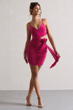 She's Here Hot Pink Strappy Mini Dress With Flower & Drape