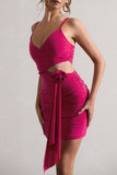 She's Here Hot Pink Strappy Mini Dress With Flower & Drape