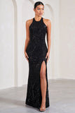 Reserved Black Sequin Lace Split Maxi Dress