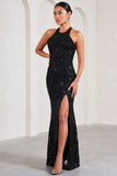 Reserved Black Sequin Lace Split Maxi Dress