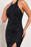 Reserved Black Sequin Lace Split Maxi Dress