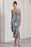 New World Silver Sequin Strapless Maxi Dress With Ruffles