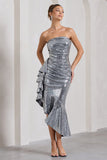 New World Silver Sequin Strapless Maxi Dress With Ruffles