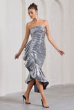 New World Silver Sequin Strapless Maxi Dress With Ruffles