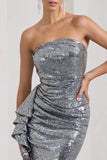 New World Silver Sequin Strapless Maxi Dress With Ruffles