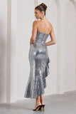 New World Silver Sequin Strapless Maxi Dress With Ruffles
