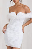 Confetti White Sweetheart Mini Dress With Chiffon Feather Sleeves