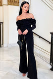 Celebrate Black Bardot Long-Sleeved Flared-Leg Jumpsuit With Flowers