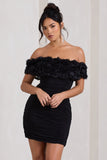 Pass A Glass Black Ruched Bardot Micro Mini Dress With Flowers