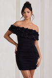Pass A Glass Black Ruched Bardot Micro Mini Dress With Flowers