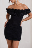Pass A Glass Black Ruched Bardot Micro Mini Dress With Flowers