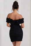 Pass A Glass Black Ruched Bardot Micro Mini Dress With Flowers
