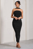 Entranced Black Ruched Bandeau Maxi Dress With Halter Collar