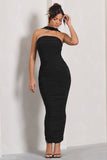 Entranced Black Ruched Bandeau Maxi Dress With Halter Collar