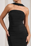 Entranced Black Ruched Bandeau Maxi Dress With Halter Collar
