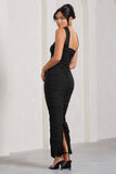 Entranced Black Ruched Bandeau Maxi Dress With Halter Collar