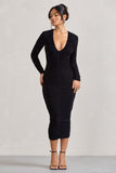 Elisabeth Black V-Neck Long-Sleeved Midi Dress