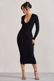 Elisabeth Black V-Neck Long-Sleeved Midi Dress