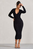 Elisabeth Black V-Neck Long-Sleeved Midi Dress