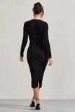 Elisabeth Black V-Neck Long-Sleeved Midi Dress
