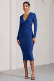 Elisabeth Cobalt Blue V-Neck Long-Sleeved Midi Dress