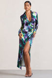 Oasis Watercolour Print Satin Long-Sleeved Maxi Shirt Dress
