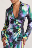 Oasis Watercolour Print Satin Long-Sleeved Maxi Shirt Dress