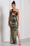 Shimmer Gold Metallic Asymmetric Maxi Dress With Knotted Strap