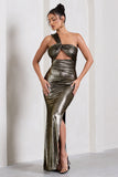 Shimmer Gold Metallic Asymmetric Maxi Dress With Knotted Strap