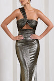 Shimmer Gold Metallic Asymmetric Maxi Dress With Knotted Strap