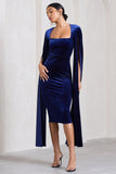 Flawless Navy Velvet Square Neck Midi Dress With Cape Sleeves