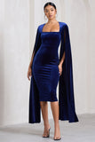 Flawless Navy Velvet Square Neck Midi Dress With Cape Sleeves
