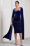 Flawless Navy Velvet Square Neck Midi Dress With Cape Sleeves