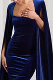 Flawless Navy Velvet Square Neck Midi Dress With Cape Sleeves