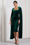 Flawless Bottle Green Velvet Square Neck Midi Dress With Cape Sleeves