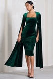 Flawless Bottle Green Velvet Square Neck Midi Dress With Cape Sleeves