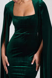 Flawless Bottle Green Velvet Square Neck Midi Dress With Cape Sleeves