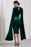 Flawless Bottle Green Velvet Square Neck Midi Dress With Cape Sleeves