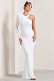 Tyra White Asymmetric Neck Cut Out Maxi Dress With Open Back Detail