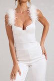 Verity White Feather Shoulder Corset Style Jumpsuit