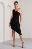 Friya Black Sequin Asymmetrical One Shoulder Ruched Midi Dress