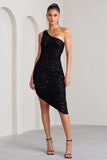 Friya Black Sequin Asymmetrical One Shoulder Ruched Midi Dress