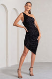 Friya Black Sequin Asymmetrical One Shoulder Ruched Midi Dress