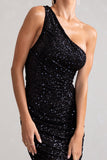 Friya Black Sequin Asymmetrical One Shoulder Ruched Midi Dress