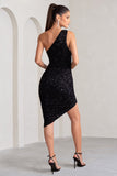 Friya Black Sequin Asymmetrical One Shoulder Ruched Midi Dress
