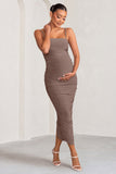 Sentimental Mocha Maternity Midi Dress with Cami Straps and Ruching